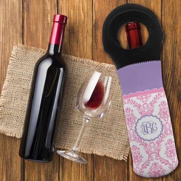 Pink, White & Purple Damask Wine Tote Bag - FLATLAY