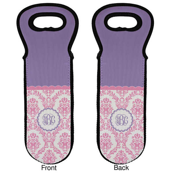 Pink, White & Purple Damask Wine Tote Front & Back