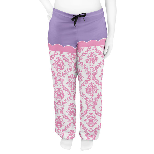 Pink, White & Purple Damask Women's Pj on model - Front