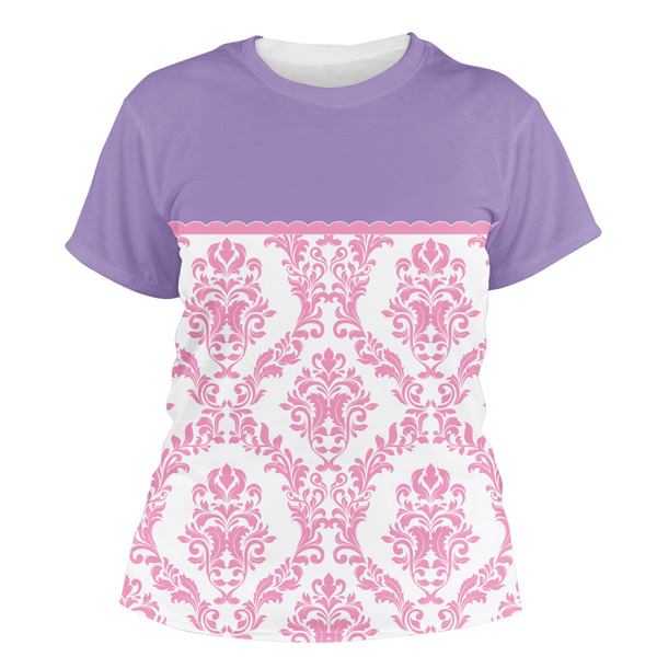 Custom Pink, White & Purple Damask Women's Crew T-Shirt - Medium
