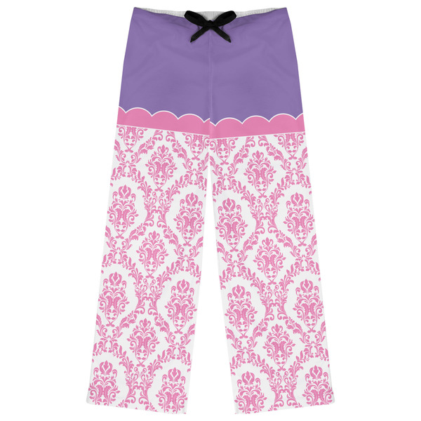 Custom Pink, White & Purple Damask Womens Pajama Pants - XS