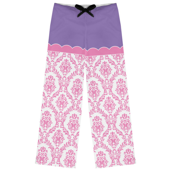 Custom Pink, White & Purple Damask Womens Pajama Pants - M