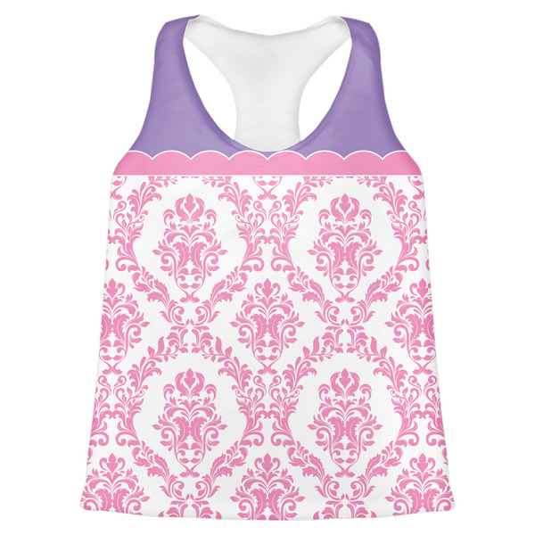 Custom Pink, White & Purple Damask Womens Racerback Tank Top - X Large