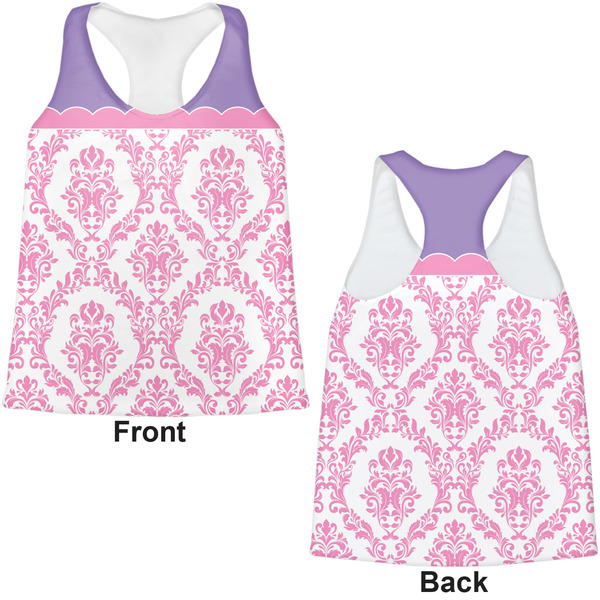 Pink, White & Purple Damask Womens Racerback Tank Tops - Medium - Front and Back