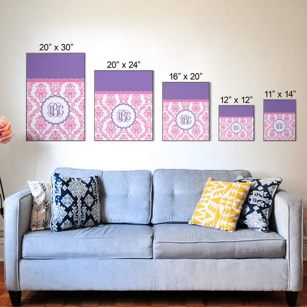 Pink, White & Purple Damask Wood Prints - Size Comparison