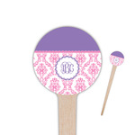 Pink, White & Purple Damask 4" Round Wooden Food Picks - Single Sided (Personalized)