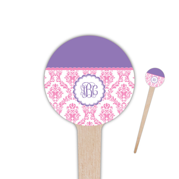 Custom Pink, White & Purple Damask 4" Round Wooden Food Picks - Double Sided (Personalized)