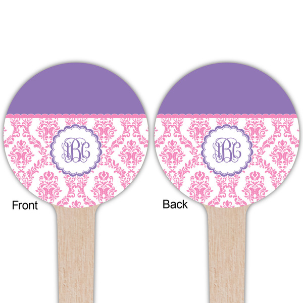 Pink, White & Purple Damask Wooden 4" Food Pick - Round - Double Sided - Front & Back