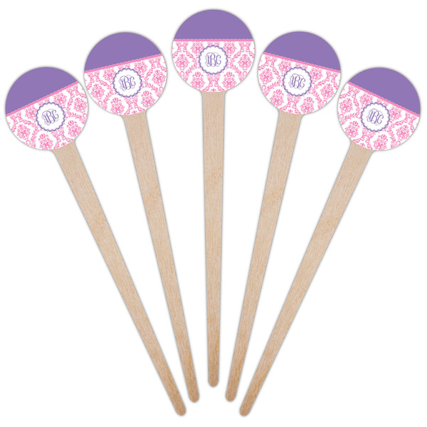 Pink, White & Purple Damask Wooden 4" Food Pick - Round - Fan View