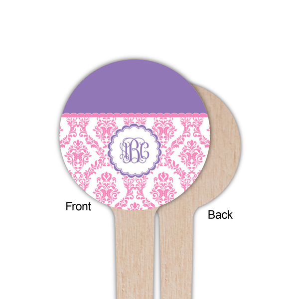 Pink, White & Purple Damask Wooden 4" Food Pick - Round - Single Sided - Front & Back