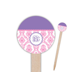 Pink, White & Purple Damask 6" Round Wooden Food Picks - Double Sided (Personalized)