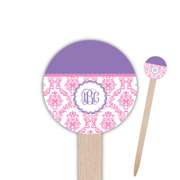 Custom Pink, White & Purple Damask Round Wooden Food Picks (Personalized)