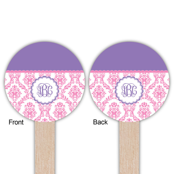 Pink, White & Purple Damask Wooden 6" Food Pick - Round - Double Sided - Front & Back