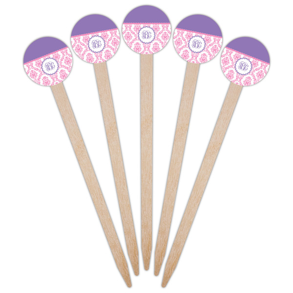 Pink, White & Purple Damask Wooden 6" Food Pick - Round - Fan View
