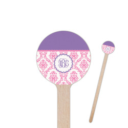 Pink, White & Purple Damask 6" Round Wooden Stir Sticks - Single Sided (Personalized)