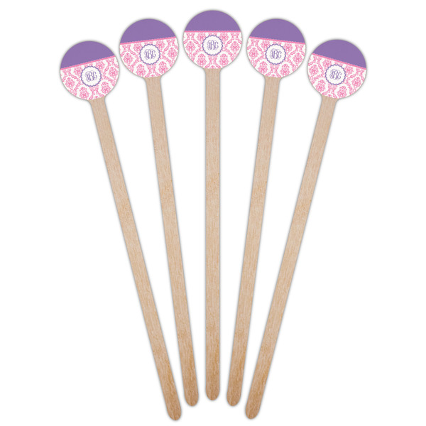 Pink, White & Purple Damask Wooden 6" Stir Stick - Round - Fan View