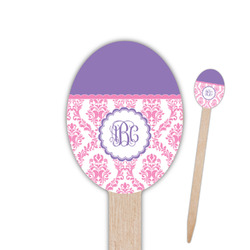 Pink, White & Purple Damask Oval Wooden Food Picks - Single Sided (Personalized)