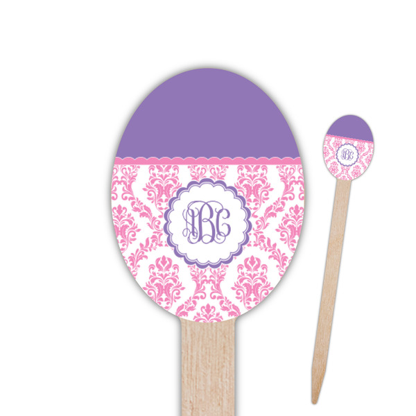 Custom Pink, White & Purple Damask Oval Wooden Food Picks - Double Sided (Personalized)