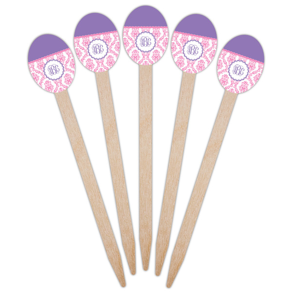 Pink, White & Purple Damask Wooden Food Pick - Oval - Fan View
