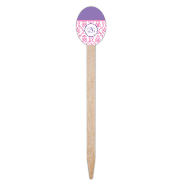 Pink, White & Purple Damask Wooden Food Pick - Oval - Single Pick