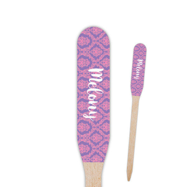 Custom Pink, White & Purple Damask Paddle Wooden Food Picks - Single Sided (Personalized)