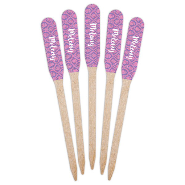 Pink, White & Purple Damask Wooden Food Pick - Paddle - Fan View