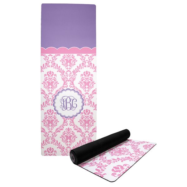 Custom Pink, White & Purple Damask Yoga Mat w/ Monogram