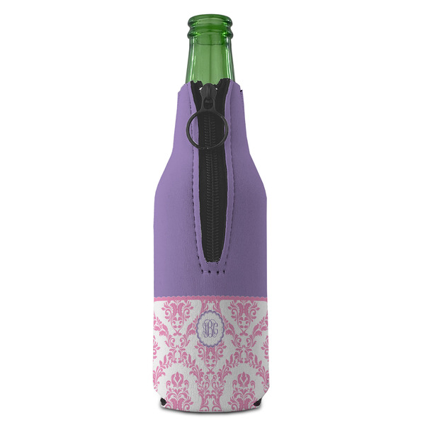 Pink, White & Purple Damask Zipper Bottle Cooler - BACK (bottle)