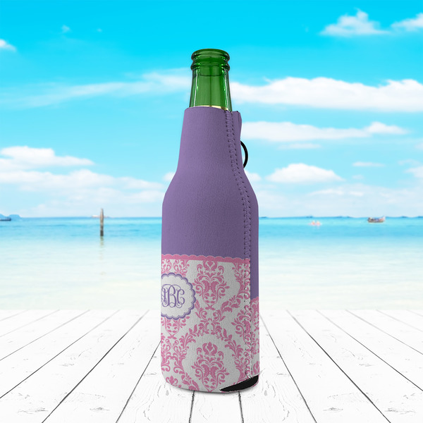 Pink, White & Purple Damask Zipper Bottle Cooler - LIFESTYLE