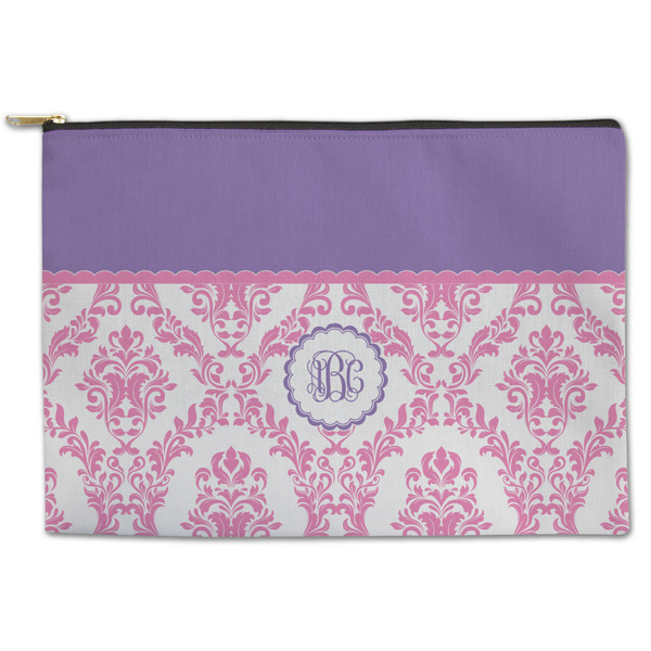 Custom Pink, White & Purple Damask Zipper Pouch - Large - 12.5"x8.5" (Personalized)