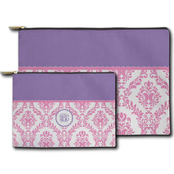 Pink, White & Purple Damask Zippered Pouches - Size Comparison
