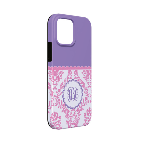 Custom Pink, White & Purple Damask iPhone Case - Rubber Lined - iPhone 13 Mini (Personalized)