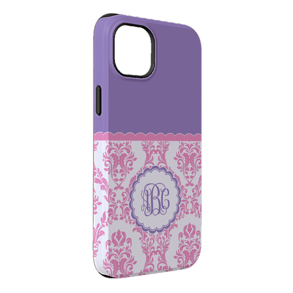 Custom Pink, White & Purple Damask iPhone Case - Rubber Lined - iPhone 14 Plus (Personalized)