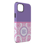 Pink, White & Purple Damask iPhone Case - Rubber Lined - iPhone 14 Pro Max (Personalized)