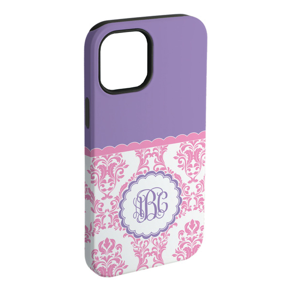 Custom Pink, White & Purple Damask iPhone Case - Rubber Lined - iPhone 15 Pro Max (Personalized)