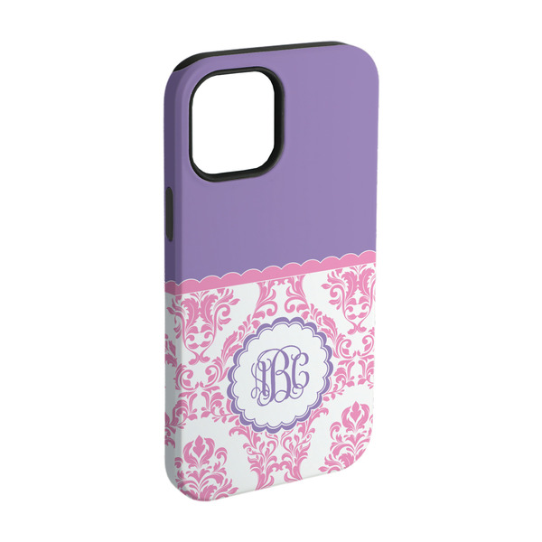 Custom Pink, White & Purple Damask iPhone Case - Rubber Lined - iPhone 15 Pro (Personalized)