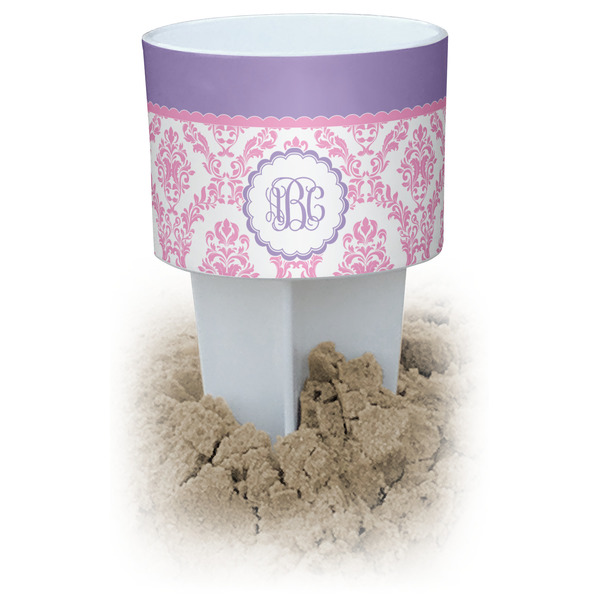 Custom Pink, White & Purple Damask Beach Spiker Drink Holder (Personalized)