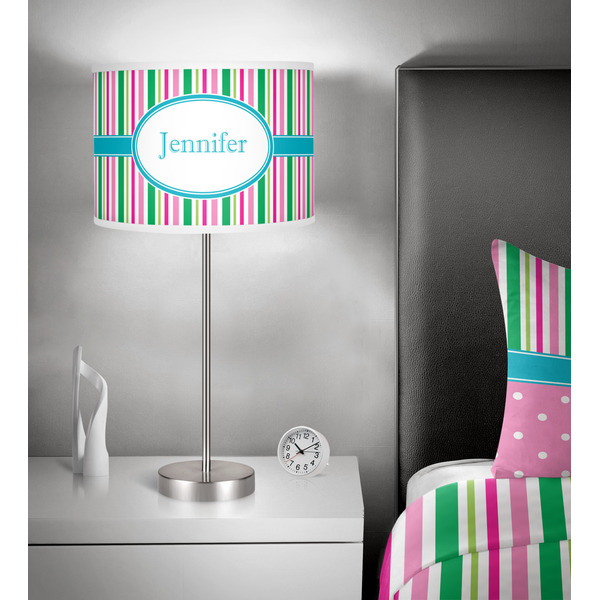 Grosgrain Stripe 13 inch drum lamp shade - in room