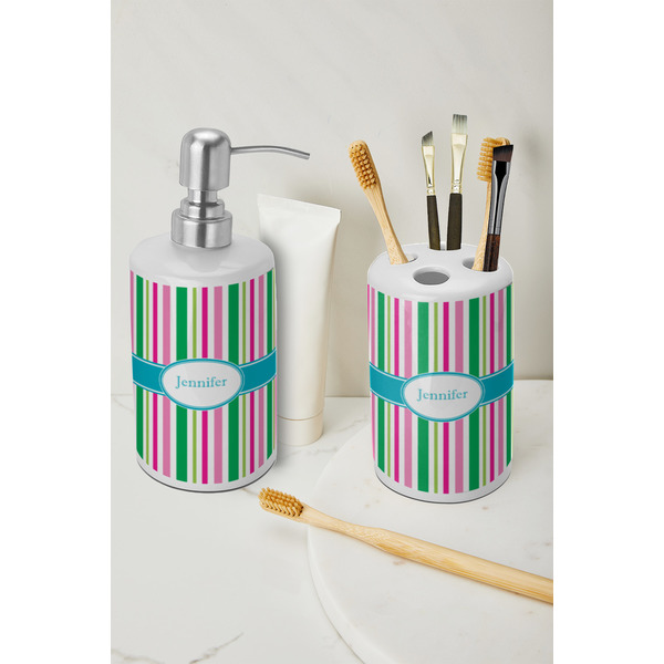 Grosgrain Stripe Ceramic Bathroom Accessories - LIFESTYLE (toothbrush holder & soap dispenser)