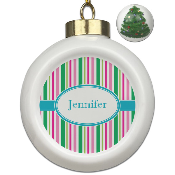 Custom Grosgrain Stripe Ceramic Ball Ornament - Christmas Tree (Personalized)