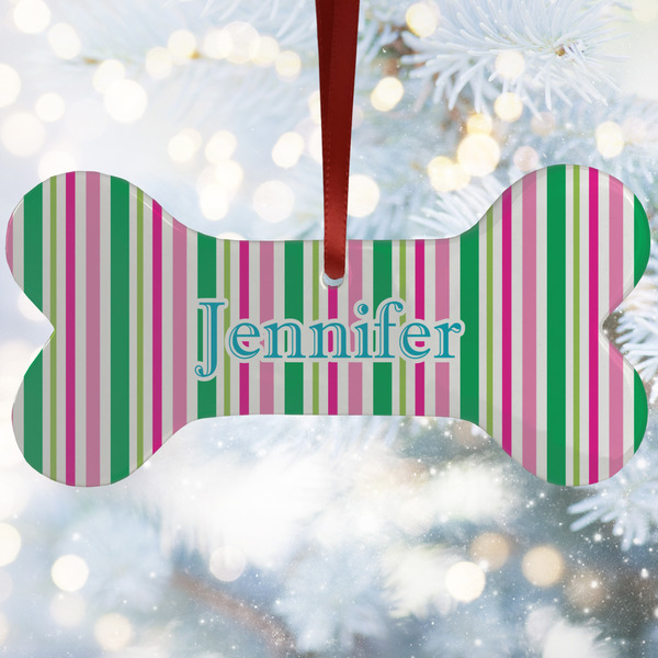 Custom Grosgrain Stripe Ceramic Dog Ornament w/ Name or Text