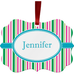 Grosgrain Stripe Metal Frame Ornament - Double Sided w/ Name or Text
