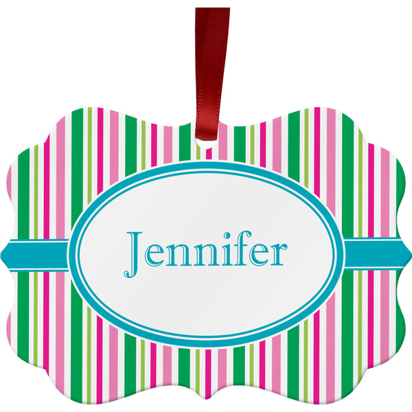 Custom Grosgrain Stripe Metal Frame Ornament - Double Sided w/ Name or Text