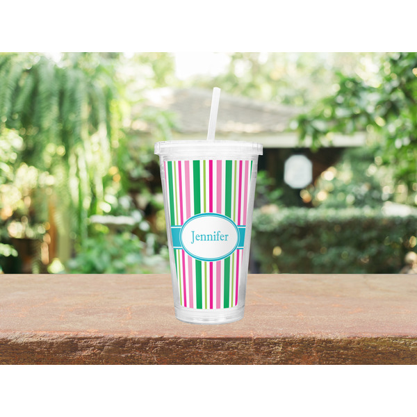 Grosgrain Stripe Double Wall Tumbler with Straw Lifestyle