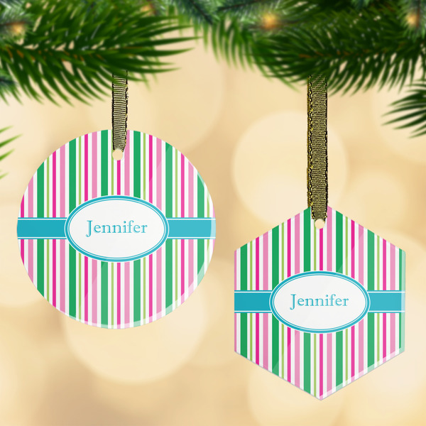 Custom Grosgrain Stripe Flat Glass Ornament w/ Name or Text