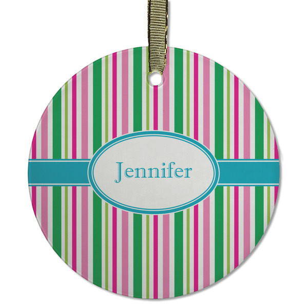 Custom Grosgrain Stripe Flat Glass Ornament - Round w/ Name or Text