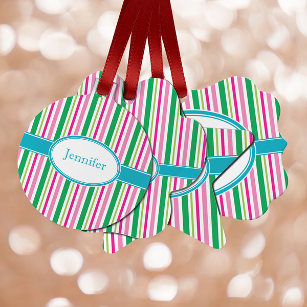 Custom Grosgrain Stripe Metal Ornaments - Double Sided w/ Name or Text