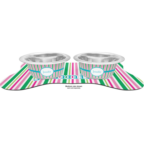 Grosgrain Stripe Metal Pet Bowls - On Dog Bone Shaped Mat