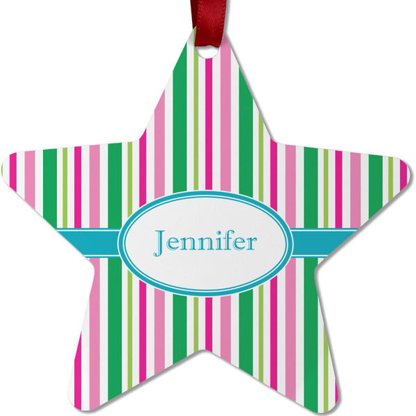 Custom Grosgrain Stripe Metal Star Ornament - Double Sided w/ Name or Text