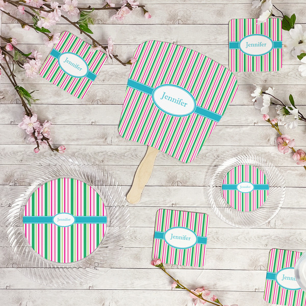 Grosgrain Stripe Party Supplies Combination Image - All items - Plates, Coasters, Fans